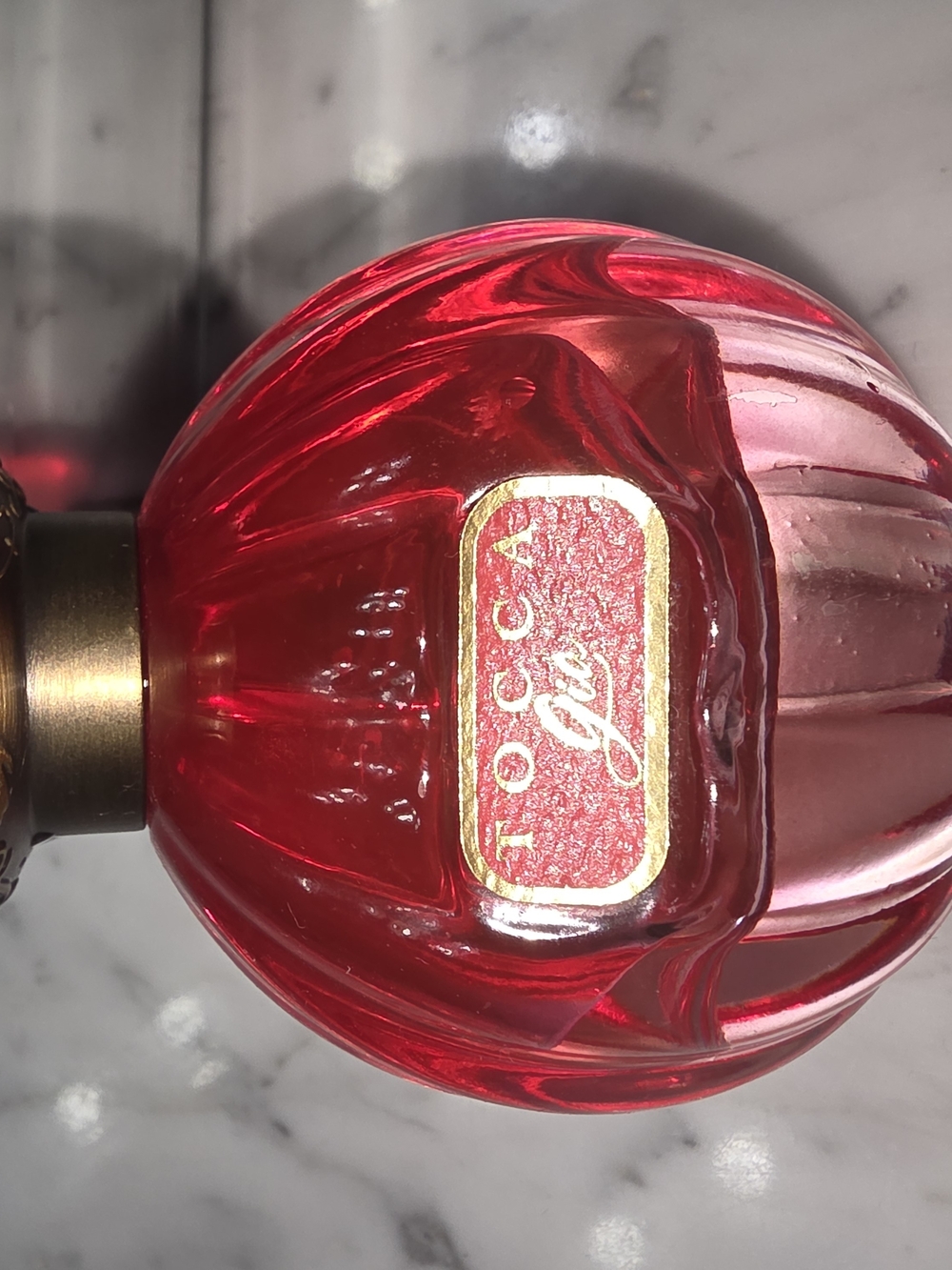 Tocca red glass perfume bottle with gold-tone label - Picture 2 of 4